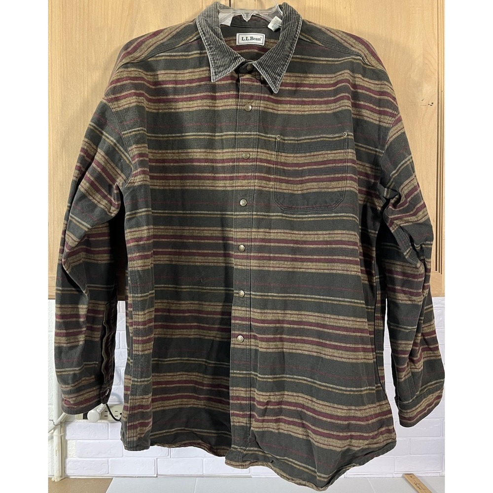L.L. Bean Corduroy Collar Heavy Cotton Button Up Shirt Green/Burgundy Striped